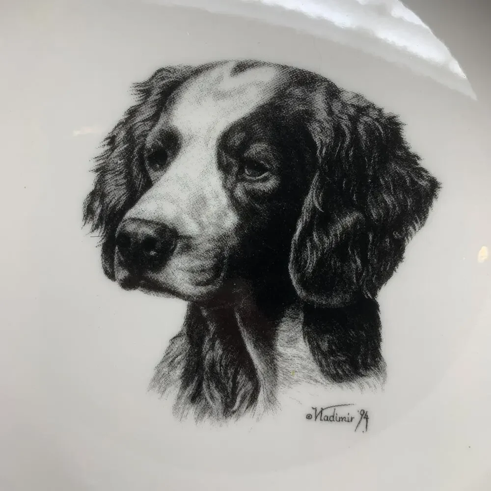 Vintage 1994 Vladimir Tzenov Springer Spaniel Dog Bowl Ceramic Rosalinde USA 7”